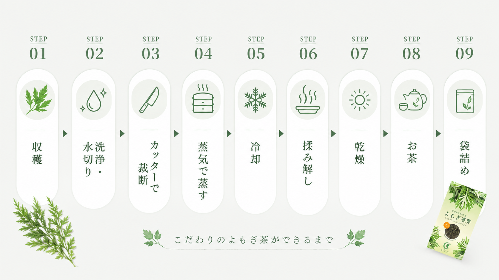 よもぎ茶ができるまでの工程